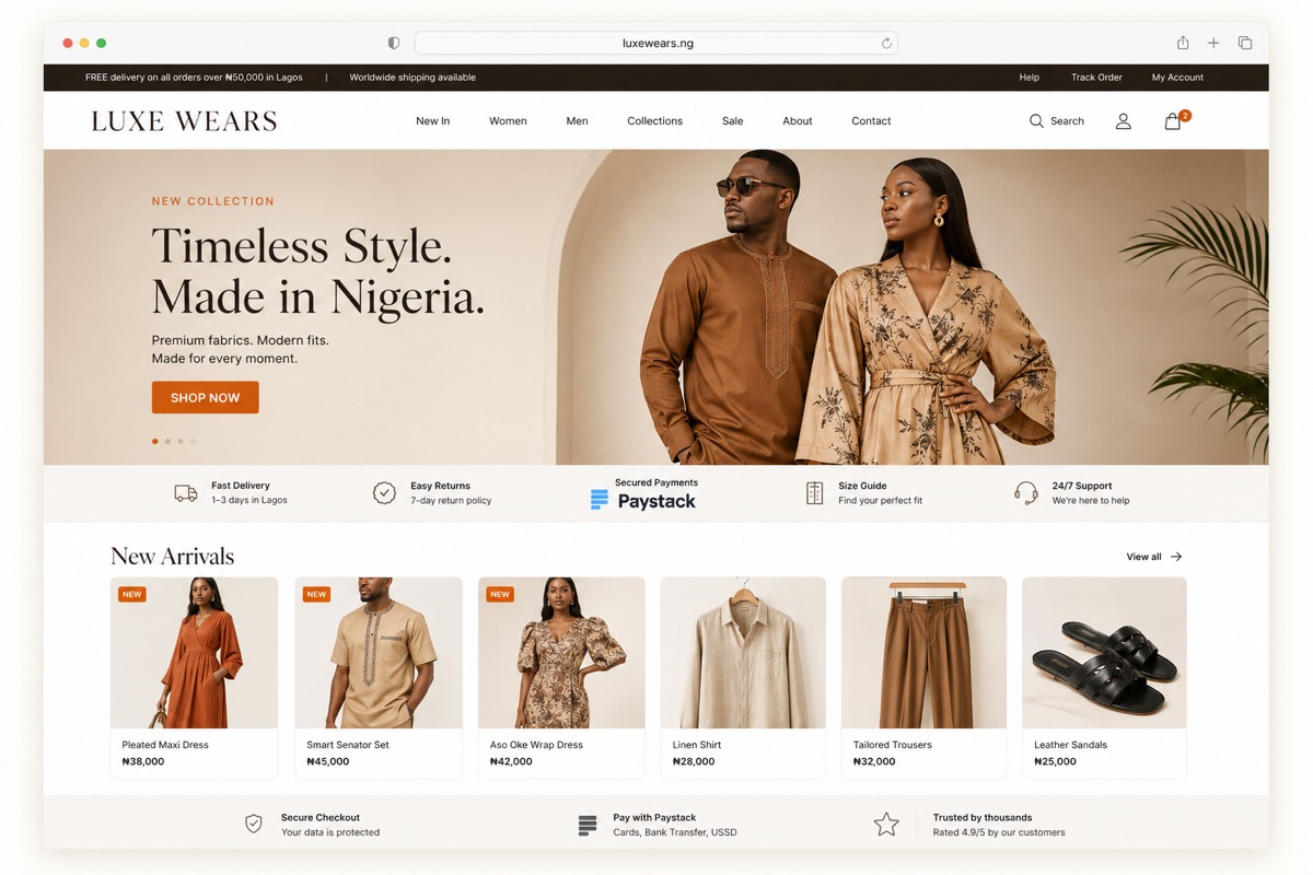 Premium desktop ecommerce website mockup for Luxe Wears
