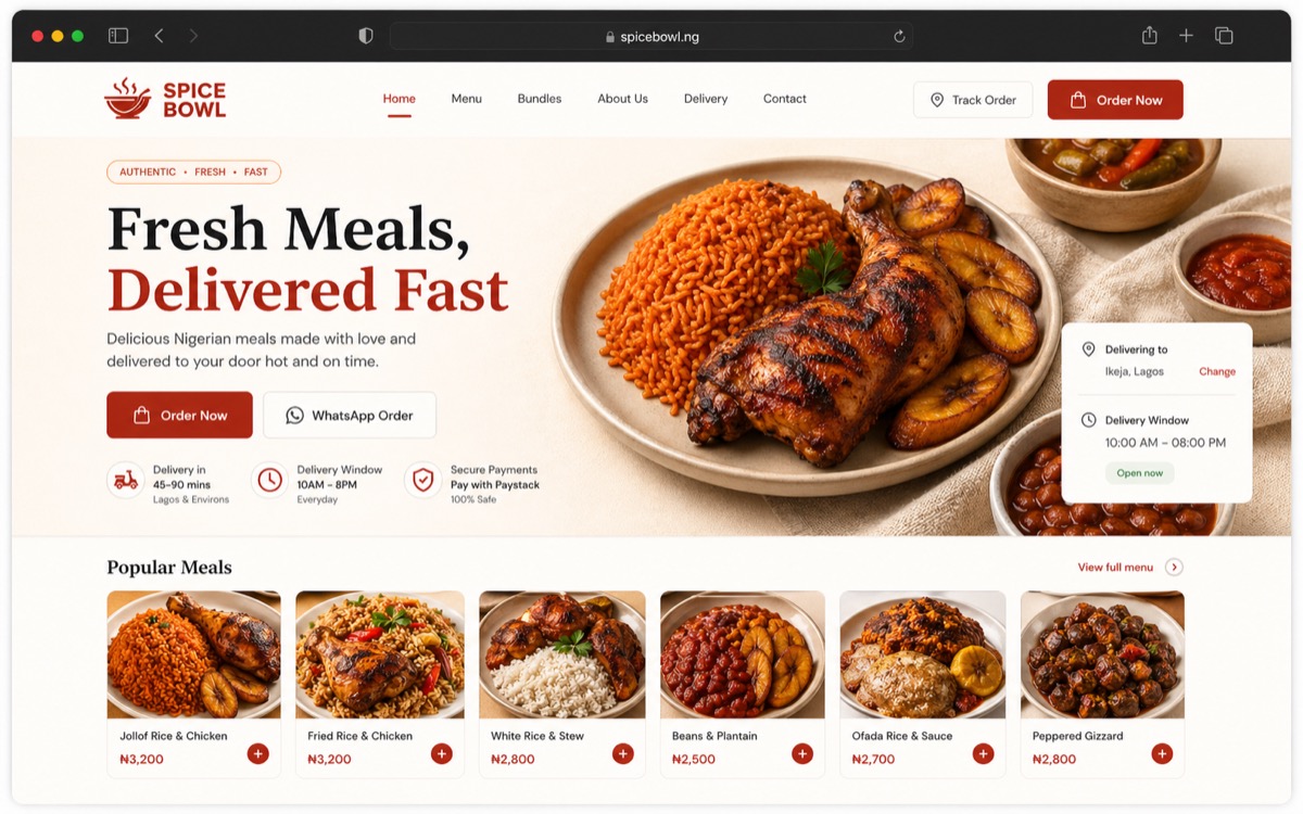 Premium desktop food ordering website mockup for Spice Bowl