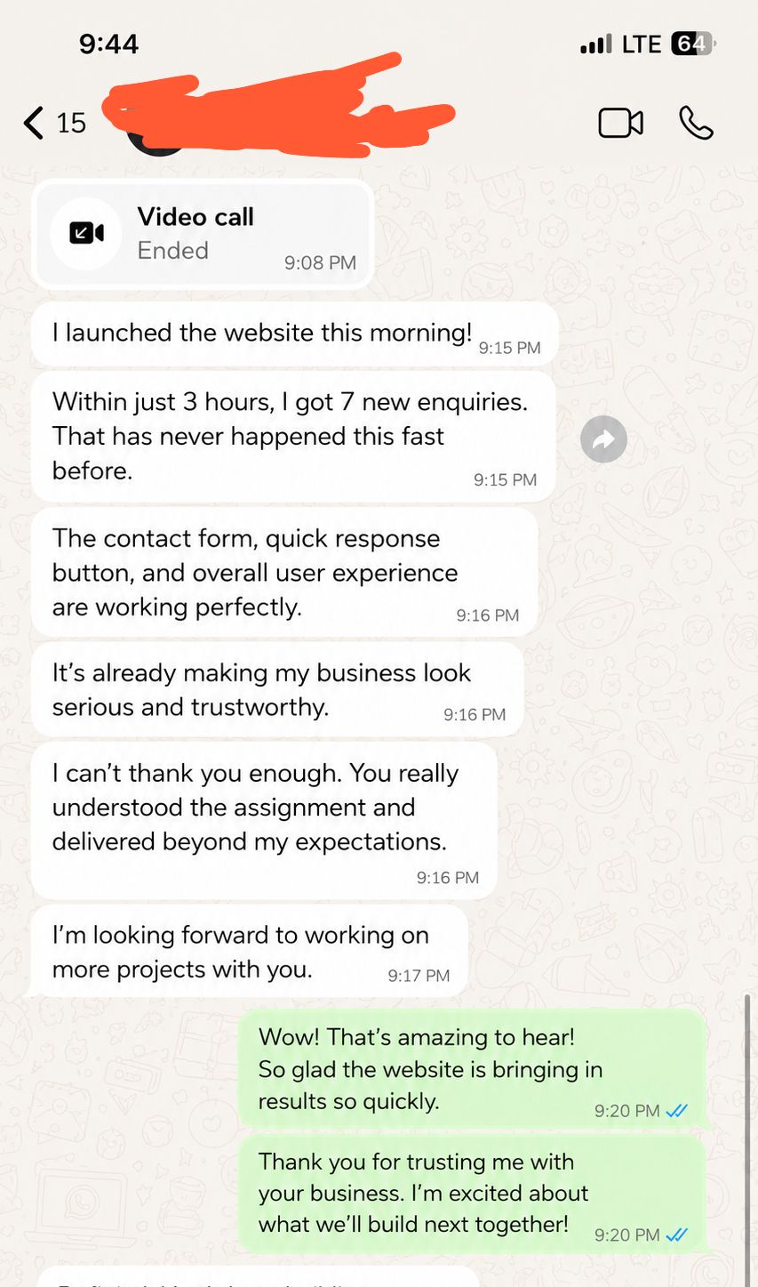 Anonymised WhatsApp testimonial about getting 7 new enquiries within 3 hours of website launch