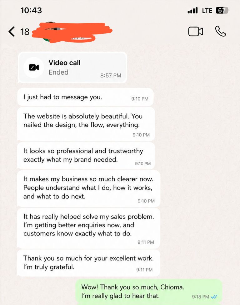 Anonymised WhatsApp testimonial about a professional and trustworthy website